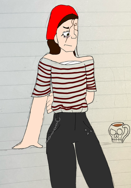 mag but wearing a red and white-ish striped shirt, lightly accersorized black jeans, and a bright red tube bandana