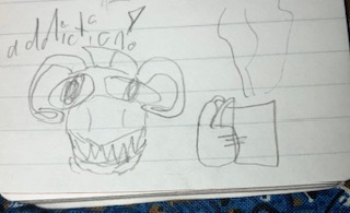 stupid doodle of lune holding a cup of coffee, smiling and saying 'addiction!'