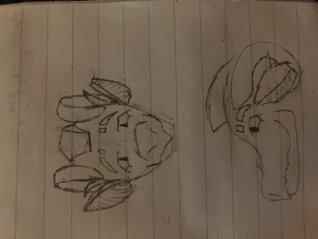 a dragon with large curly horns, big expressive ears, kitty eyes, a mowhawk, thick, slitted eyebrows, and a beakish mouth