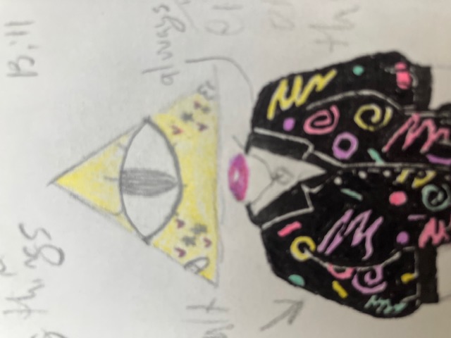 weird-core style triangle head lady with a funky arcade-carpet style shirt